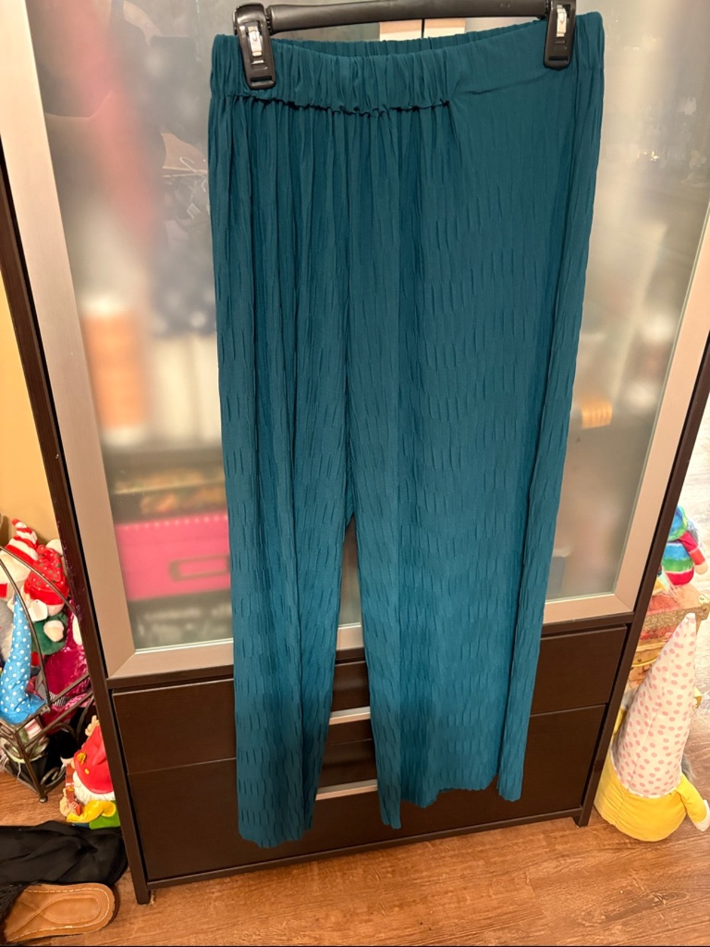 Teal Crinkle Wide-Leg Pull-On Pants